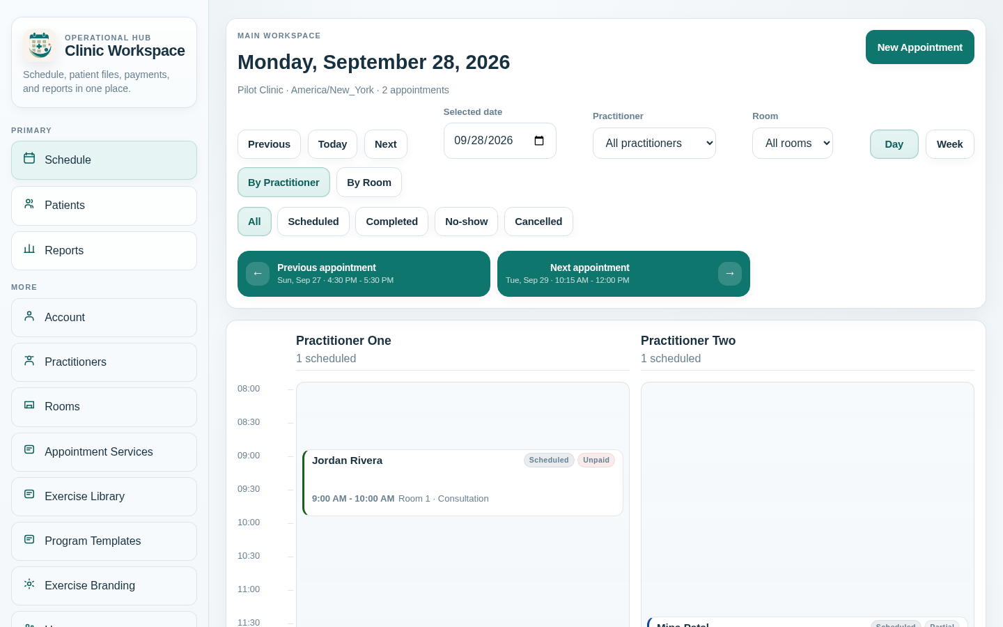 Clinora day calendar grouped by practitioner, with room, appointment status, and payment status visible