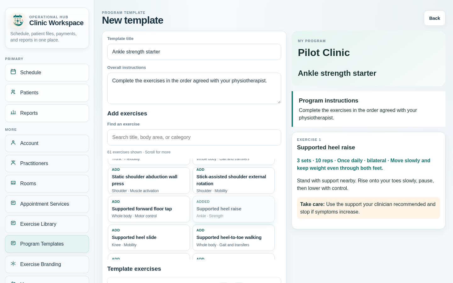 Clinora home exercise program template builder beside the patient-facing preview