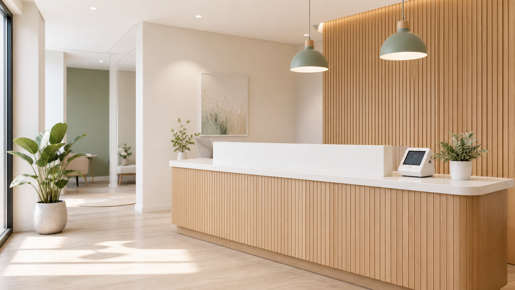 Bright clinic reception with seating and natural light